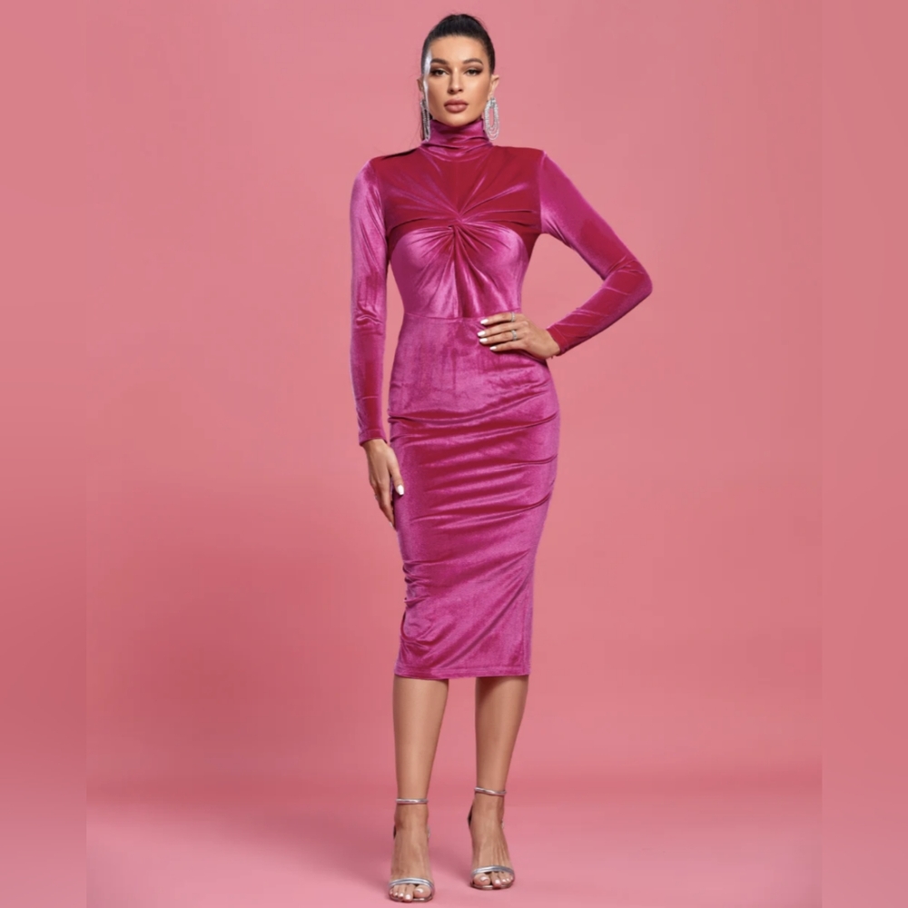 NWOT Wolddress Velvet High Neck Midi Bodycon. Rose. XS